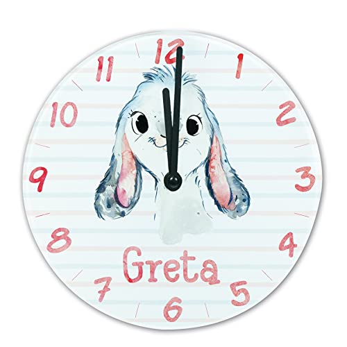 timalo® Wanduhr Tiere Kinderzimmer personalisiert mit Namen | Geschenk Uhr für Kinder mit süßen Tiermotiven | Hase glasuhr-t-01 von timalo