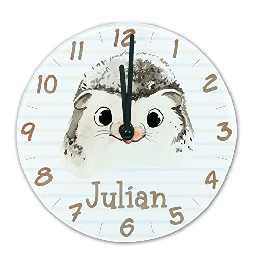 timalo® Wanduhr Tiere Kinderzimmer personalisiert mit Namen | Geschenk Uhr für Kinder mit süßen Tiermotiven | Igel glasuhr-t-11 von timalo