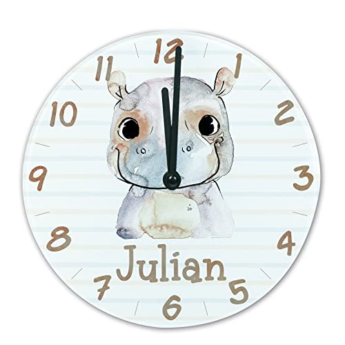 timalo® Wanduhr Tiere Kinderzimmer personalisiert mit Namen | Geschenk Uhr für Kinder mit süßen Tiermotiven | Nilpferd glasuhr-t-21 von timalo