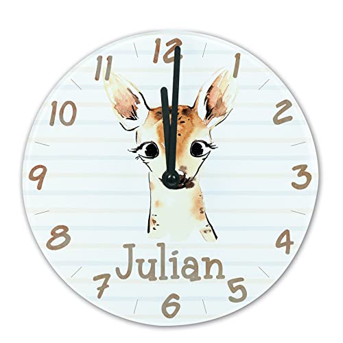 timalo® Wanduhr Tiere Kinderzimmer personalisiert mit Namen | Geschenk Uhr für Kinder mit süßen Tiermotiven | REH glasuhr-t-24 von timalo