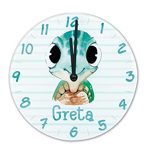 timalo® Wanduhr Tiere Kinderzimmer personalisiert mit Namen | Geschenk Uhr für Kinder mit süßen Tiermotiven | Schildkröte glasuhr-t-04 von timalo