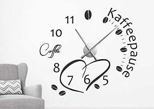 timalo® Wanduhr Wandtattoo Spruch 'Kaffeepause' mit Uhrwerk – Kaffee Uhr zum Aufkleben für die Küche | 76039-dunkelbraun-64x58-Uhrwerk-silber von timalo