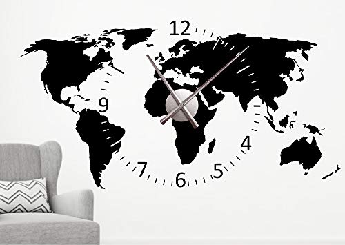 timalo® Wanduhr Wandtattoo 'Weltkarte' mit Uhrwerk – Uhr zum Aufkleben | 76040-dunkelgrau-110x58-Uhr-silber von timalo