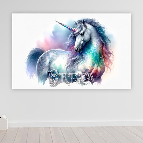 timalo® XXL Poster Mädchenzimmer Einhorn Aquarell personalisiert mit Namen | Bild für die Wand | Wandbild für Kinder Mädchen Kinderzimmer Wunschname | child15-B80xH61cm von timalo