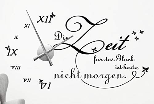 timalo® XXL Wanduhr Wohnzimmer Wandtattoo Spruch 'Die Zeit für das Glück ist heute, nicht morgen' mit Uhrwerk – Uhr zum Aufkleben | 76046-lindgruen-110x58-Uhr-silber von timalo