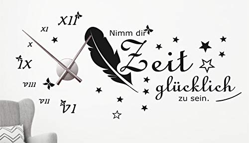 timalo® XXL Wanduhr Wohnzimmer Wandtattoo Spruch 'Nimm dir Zeit glücklich zu sein' mit Uhrwerk – Uhr zum Aufkleben | 76047-haselnuss-80x38-Uhr-silber von timalo