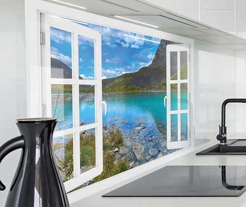 timalo Herd Spritzschutz Wand Spüle, Küche Küchenrückwand Glasoptik | Acryl Glas 2mm | Glasrückwand Acrylglas Fensterblick Fenster Küchenspiegel | 100x50cm See Berge von timalo