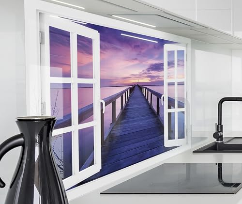 timalo Herd Spritzschutz Wand Spüle, Küche Küchenrückwand Glasoptik | Acryl Glas 2mm | Glasrückwand Acrylglas Fensterblick Fenster Küchenspiegel | 120x60cm Sonnenuntergang am See von timalo
