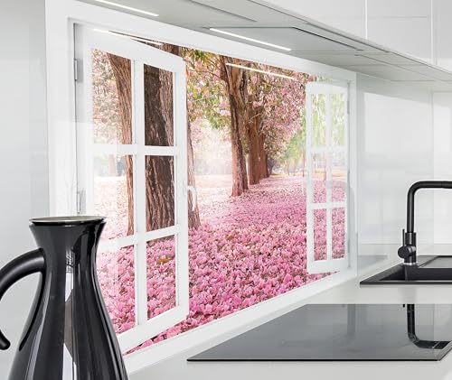 timalo Herd Spritzschutz Wand Spüle, Küche Küchenrückwand Glasoptik | Acryl Glas 2mm | Glasrückwand Acrylglas Fensterblick Fenster Küchenspiegel | 60x60cm Wald Kirschblüte von timalo
