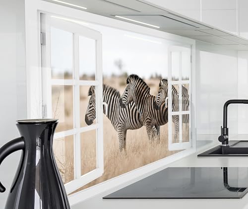 timalo Herd Spritzschutz Wand Spüle, Küche Küchenrückwand Glasoptik | Acryl Glas 2mm | Glasrückwand Acrylglas Fensterblick Fenster Rückwandschutz Platte | 100x50cm Afrika Zebras von timalo