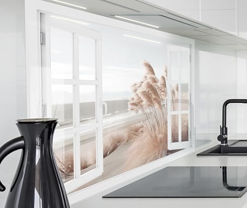 timalo Herd Spritzschutz Wand Spüle, Küche Küchenrückwand Glasoptik | Acryl Glas 2mm | Glasrückwand Acrylglas Fensterblick Fenster Rückwandschutz Platte | 120x60cm Meer Schilf Pampasgras von timalo