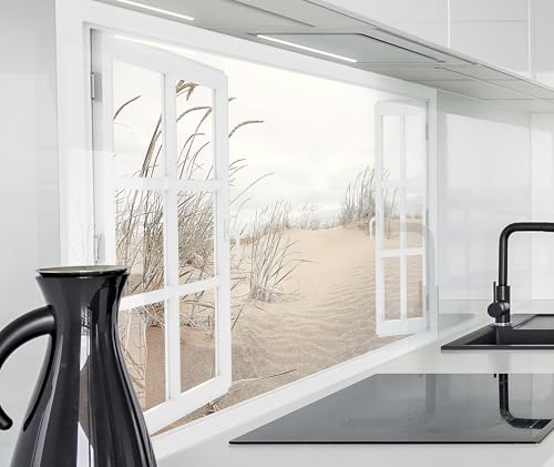 timalo Herd Spritzschutz Wand Spüle, Küche Küchenrückwand Glasoptik | Acryl Glas 2mm | Glasrückwand Acrylglas Fensterblick Fenster Rückwandschutz Platte | 120x60cm Nordsee Strand Dünen Schilf von timalo