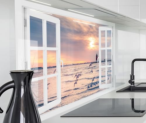 timalo Herd Spritzschutz Wand Spüle, Küche Küchenrückwand Glasoptik | Acryl Glas 2mm | Glasrückwand Acrylglas Fensterblick Fenster Rückwandschutz Platte | 120x80cm Nordsee Meer Leuchturm von timalo