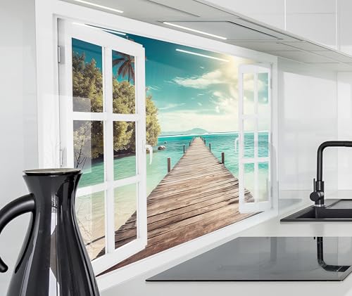 timalo Herd Spritzschutz Wand Spüle, Küche Küchenrückwand Glasoptik | Acryl Glas 2mm | Glasrückwand Acrylglas Fensterblick Fenster Rückwandschutz Platte | 80x50cm Strand Karibik Meer Steg von timalo