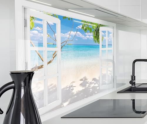 timalo Herd Spritzschutz Wand Spüle, Küche Küchenrückwand Glasoptik | Acryl Glas 2mm | Glasrückwand Acrylglas Fensterblick Fenster Rückwandschutz Platte | 80x50cm Strandblick Meer Thailand von timalo