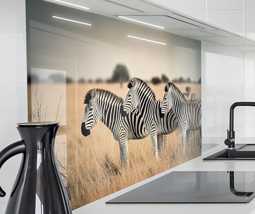 timalo Herd Spritzschutz Wand Spüle, Küche Küchenrückwand Glasoptik | Acryl Glas 2mm | Glasrückwand Acrylglas Küchenpaneele Rückwandschutz Platte | 160x50cm Afrika Zebras Savanne von timalo