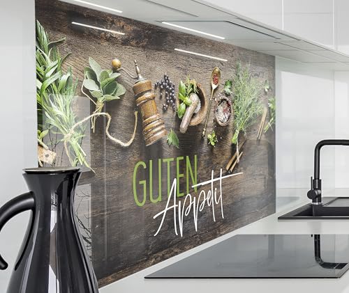 timalo Herd Spritzschutz Wand Spüle, Küche Küchenrückwand Glasoptik | Acryl Glas 2mm | Glasrückwand Acrylglas Küchenpaneele Rückwandschutz Platte | 160x50cm Kräuter Gewürze Text Guten Appetit von timalo