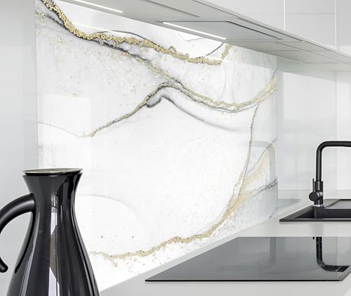 timalo Herd Spritzschutz Wand Spüle, Küche Küchenrückwand Glasoptik | Acryl Glas 2mm | Glasrückwand Acrylglas Küchenpaneele Rückwandschutz Platte | 160x50cm Marmor weiß Gold von timalo