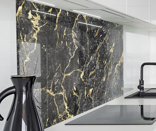 timalo Herd Spritzschutz Wand Spüle, Küche Küchenrückwand Glasoptik | Acryl Glas 2mm | Glasrückwand Acrylglas Küchenpaneele Rückwandschutz Platte | 160x50cm Schwarzer Marmor mit Gold von timalo