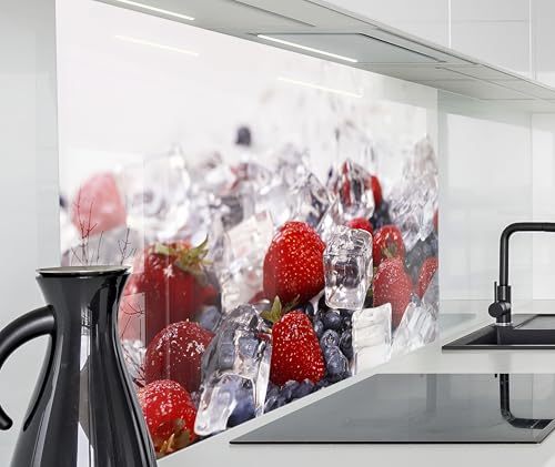 timalo Herd Spritzschutz Wand Spüle, Küche Küchenrückwand Glasoptik | Acryl Glas 2mm | Glasrückwand Acrylglas Küchenpaneele Rückwandschutz Platte | 60x40cm Früchte Erdbeeren Blaubeeren auf EIS von timalo