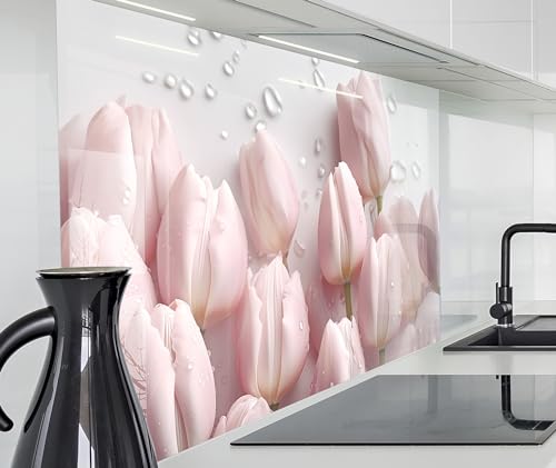 timalo Herd Spritzschutz Wand Spüle, Küche Küchenrückwand Glasoptik | Acryl Glas 2mm | Glasrückwand Acrylglas Küchenpaneele Rückwandschutz Platte | 60x40cm Rosa Tulpen von timalo