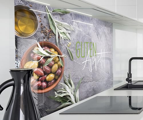 timalo Herd Spritzschutz Wand Spüle, Küche Küchenrückwand Glasoptik | Acryl Glas 2mm | Glasrückwand Acrylglas Küchenpaneele Rückwandschutz Platte | 80x50cm Oliven Guten Appetit von timalo