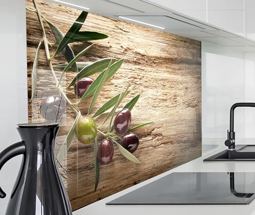 timalo Herd Spritzschutz Wand Spüle, Küche Küchenrückwand Glasoptik | Acryl Glas 2mm | Glasrückwand Acrylglas Küchenpaneele Küchenspiegel | 100x50cm Oliven altes Holz Olivenzweig von timalo