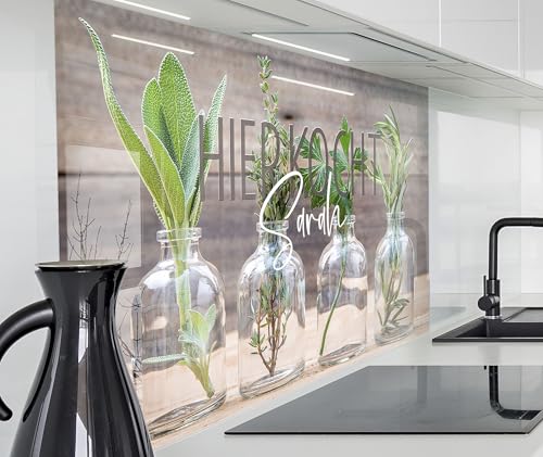timalo Herd Spritzschutz Wand Spüle, Küche Küchenrückwand Glasoptik | Acryl Glas 2mm | Glasrückwand Acrylglas - personalisiert mit Namen - Rückwandschutz Platte | 120x80cm Kräuter in Gläsern von timalo