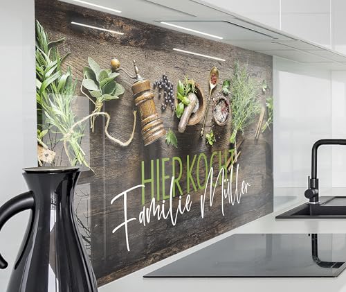 timalo Herd Spritzschutz Wand Spüle, Küche Küchenrückwand Glasoptik | Acryl Glas 2mm | Glasrückwand Acrylglas - personalisiert mit Namen - Rückwandschutz Platte | 80x50cm Kräuter Holzwand von timalo
