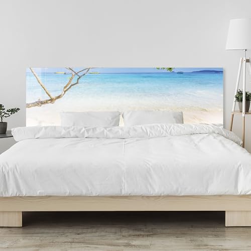 timalo Kopfteil fürs Bett 140 x 50 cm | Traumstrand mit türkisblauem Meer, weißer Sand, Boote | Bettrückwand/Wandschutz – Acrylglas 2 mm – Elegantes Wandpaneel fürs Schlafzimmer Bett von timalo