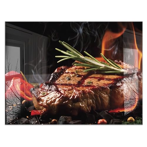 timalo Küchenbild aus Acrylglas modernes Wandbild Glasbild Deko Küche XXL Acryl-Bild wie Glas | 80x60cm Steak auf dem Grill - Grillen Barbecue BBQ von timalo