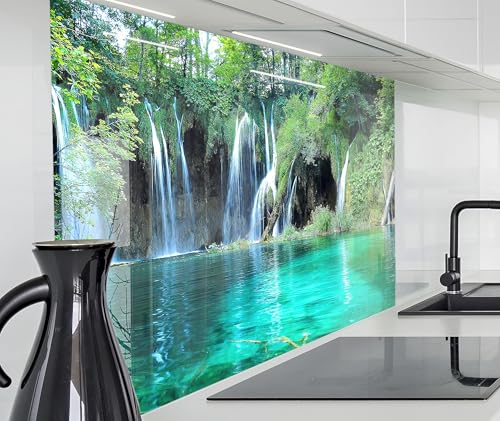 timalo Küchenrückwand Glasoptik | 140 x 50 cm Wasserfälle Wald See Natur Wasserfall | Acryl Glas 2mm | Spritzschutz Wand für Herd, Küche Glasrückwand Acrylglas Wandpaneele Rückwandschutz Platte von timalo