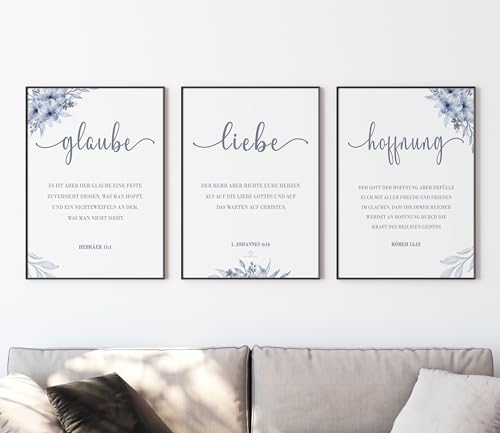 timalo SALT-AND-LIGHT® Christliche Wandbilder Bibelverse Deutsch Poster 3 Stück im 3er Set Wanddeko Wohnzimmer Deko Schlafzimmer | Glaube Liebe Hoffnung blaue Blumen | A3 von timalo