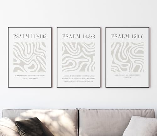 timalo SALT-AND-LIGHT® Christliche Wandbilder Bibelverse Deutsch Poster 3 Stück im 3er Set Wanddeko Wohnzimmer Deko Schlafzimmer | Psalmen Beiges Muster | 70x50cm von timalo