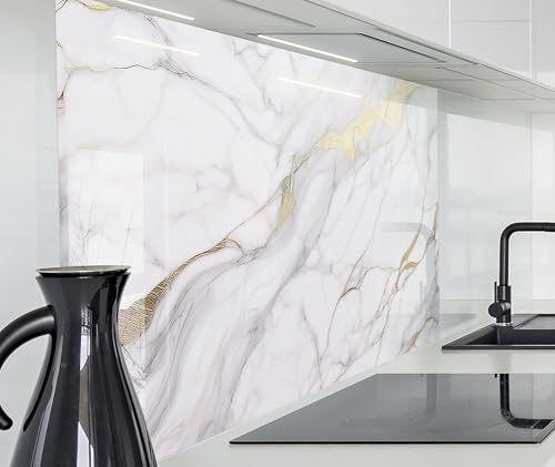 timalo Spritzschutz Wand für Herd, Küche Küchenrückwand Glasoptik | Acryl Glas 2mm | Glasrückwand Acrylglas Wandpaneele Küchenspiegel | 220x58cm Weißer Marmor mit Gold von timalo