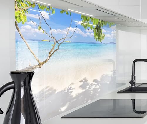 Spritzschutz Wand für Herd, Küche Küchenrückwand Glasoptik | Acryl Glas 2mm | Glasrückwand Acrylglas Wandpaneele Rückwandschutz Platte | 200x58cm Traumstrand Sand Meer Thailand von timalo