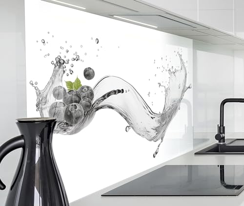 timalo Spritzschutz Wand für Herd, Küche Küchenrückwand Glasoptik | Acryl Glas 2mm | Glasrückwand Acrylglas Wandpaneele Rückwandschutz Platte | 220x58cm Blaubeeren im Wasser von timalo