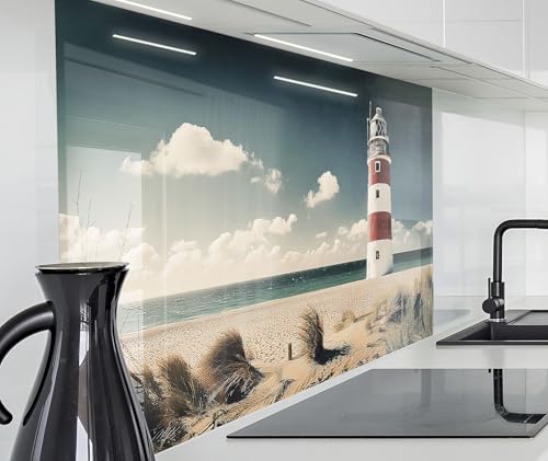 timalo Spritzschutz Wand für Herd, Küche Küchenrückwand Glasoptik | Acryl Glas 2mm | Glasrückwand Acrylglas Wandpaneele Rückwandschutz Platte | 220x58cm Leuchtturm Meer Strand von timalo