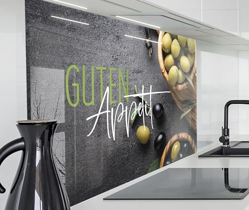 timalo Spritzschutz Wand für Herd, Küche Küchenrückwand Glasoptik | Acryl Glas 2mm | Glasrückwand Acrylglas Wandpaneele Rückwandschutz Platte | 220x58cm Oliven Schiefer Guten Appetit von timalo
