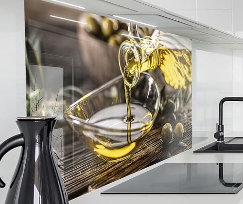 timalo Spritzschutz Wand für Herd, Küche Küchenrückwand Glasoptik | Acryl Glas 2mm | Glasrückwand Acrylglas Wandpaneele Rückwandschutz Platte | 220x58cm Olivenöl Oliven von timalo