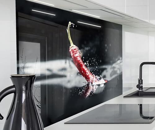 timalo Spritzschutz Wand für Herd, Küche Küchenrückwand Glasoptik | Acryl Glas 2mm | Glasrückwand Acrylglas Wandpaneele Rückwandschutz Platte | 220x58cm Paprika Chili im Wasser von timalo