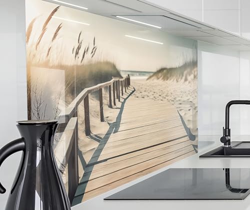 timalo Spritzschutz Wand für Herd, Küche Küchenrückwand Glasoptik | Acryl Glas 2mm | Glasrückwand Acrylglas Wandpaneele Rückwandschutz Platte | 220x58cm Strand Sand Steg von timalo