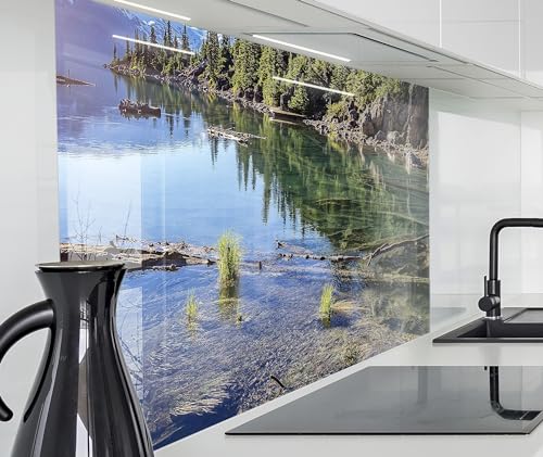 timalo Spritzschutz Wand für Herd, Küche Küchenrückwand Glasoptik | Acryl Glas 2mm | Glasrückwand Acrylglas Wandpaneele Rückwandschutz Platte | 260x58cm Gletscher See Wald Kanada von timalo