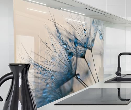 timalo Spritzschutz Wand für Herd, Küche Küchenrückwand Glasoptik | Acryl Glas 2mm | Glasrückwand Acrylglas Wandpaneele Rückwandschutz Platte | 260x58cm Pusteblume mit Regentropfen von timalo