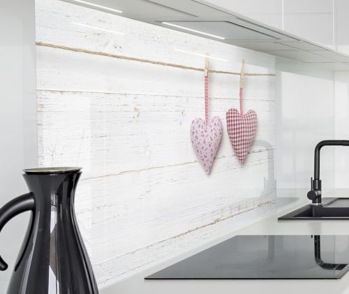 timalo Spritzschutz Wand für Herd, Küche Küchenrückwand Glasoptik | Acryl Glas 2mm | Glasrückwand Acrylglas Wandpaneele Rückwandschutz Platte | 280x58cm Vintage Holzwand Herzen von timalo