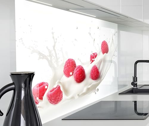 timalo Spritzschutz Wand für Herd, Küche Küchenrückwand Glasoptik | Acryl Glas 2mm | Glasrückwand Acrylglas Wandpaneele Rückwandschutz Platte | 60x60cm Himbeeren und Milch von timalo