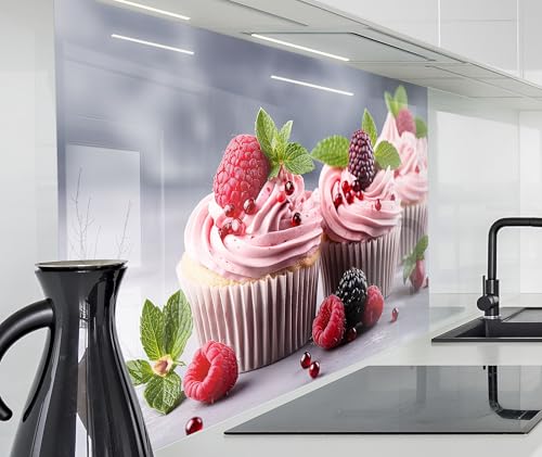 timalo Spritzschutz Wand für Herd, Küche Küchenrückwand Glasoptik | Acryl Glas 2mm | Glasrückwand Acrylglas Wandpaneele Rückwandschutz Platte | 100x50cm Cupkakes mit Früchten von timalo