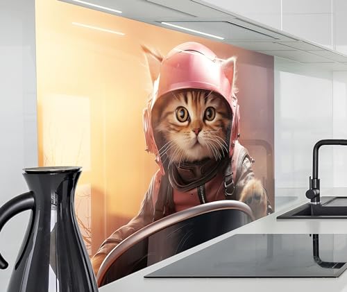 timalo Spritzschutz Wand für Herd, Küche Küchenrückwand Glasoptik | Acryl Glas 2mm | Glasrückwand Acrylglas Wandpaneele Rückwandschutz Platte | 80x60cm Lustige Katze mit Helm von timalo