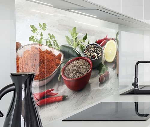 timalo Spritzschutz Wand für Küche, Herd Küchenrückwand Glasoptik | Acryl Glas 2mm | Glasrückwand Acrylglas Wandpaneele Rückwandschutz Platte | 220x58cm Gewürze Zitrone Peperoni von timalo
