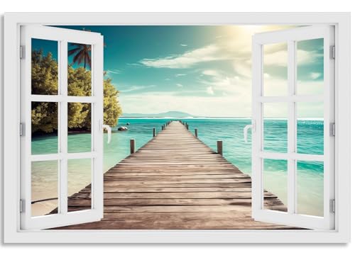 timalo Wandbild Outdoor wetterfeste Bilder für draußen | Gartenbilder Innen & Außen | Landschaftsbilder Acryl Glas Fensterblick Effekt | 80x60cm Strand Karibik Meer Steg von timalo